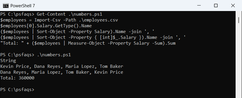PowerShell sorts CSV salaries as text and then as numbers with an int cast