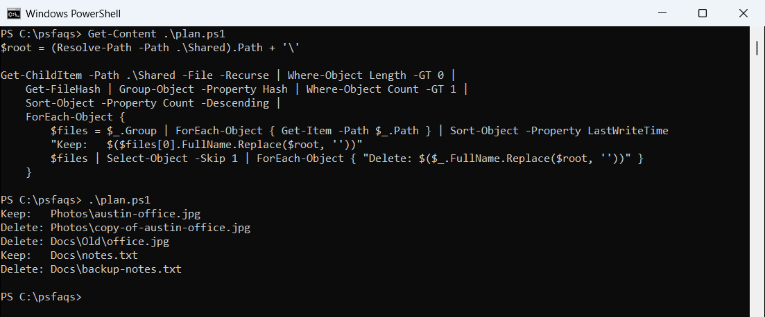 PowerShell keep the oldest duplicate file