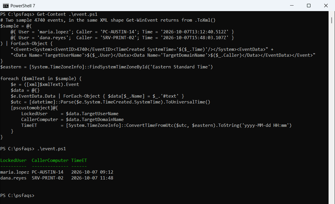 PowerShell parse event 4740 to find the locked user and caller computer