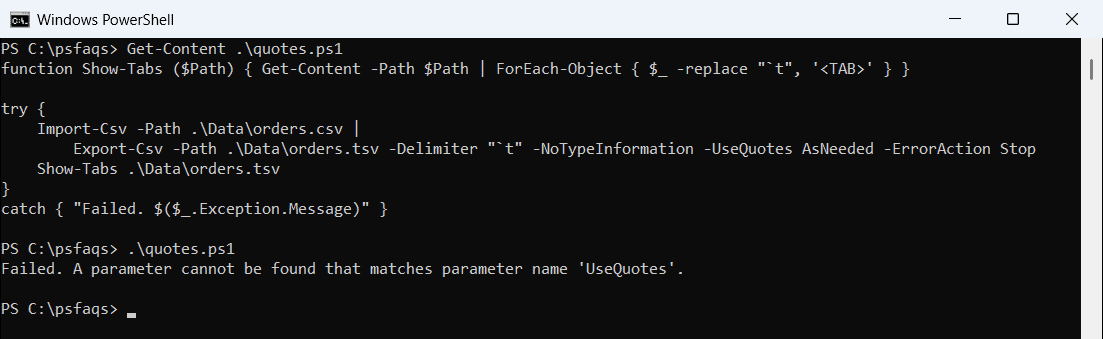 PowerShell Export-Csv UseQuotes error in 5.1