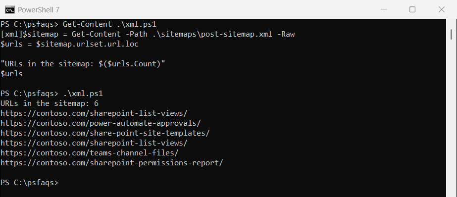 PowerShell extract URLs from an XML sitemap file
