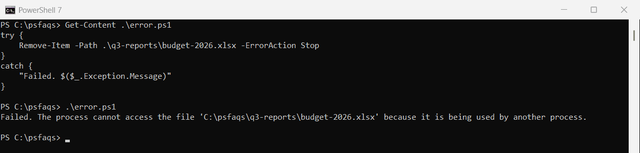 PowerShell error the process cannot access the file because it is being used by another process