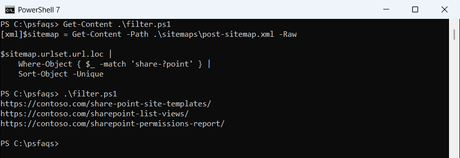 PowerShell filter sitemap URLs by keyword and remove duplicates