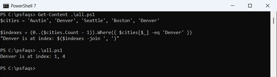 PowerShell find all indexes of a value in an array