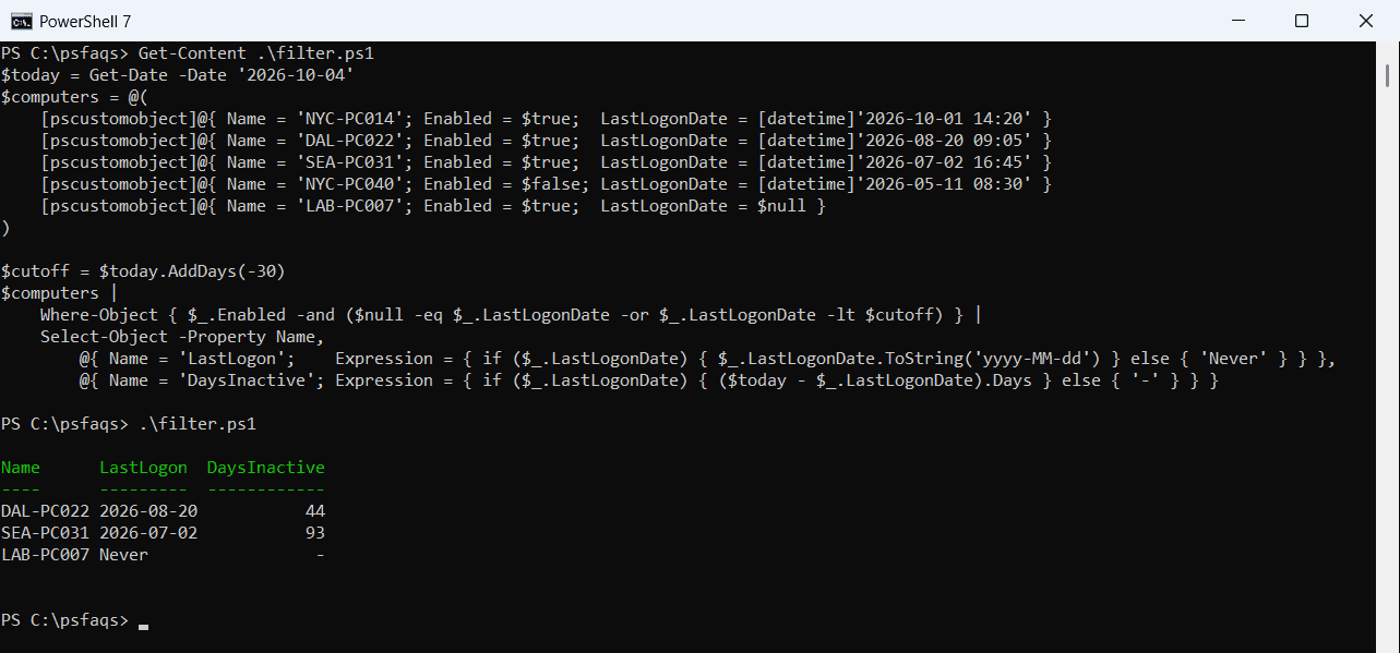 PowerShell find computers not logged in for 30 days