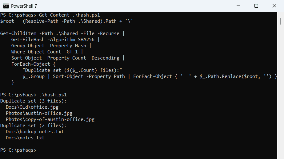 PowerShell find duplicate files with Get-FileHash