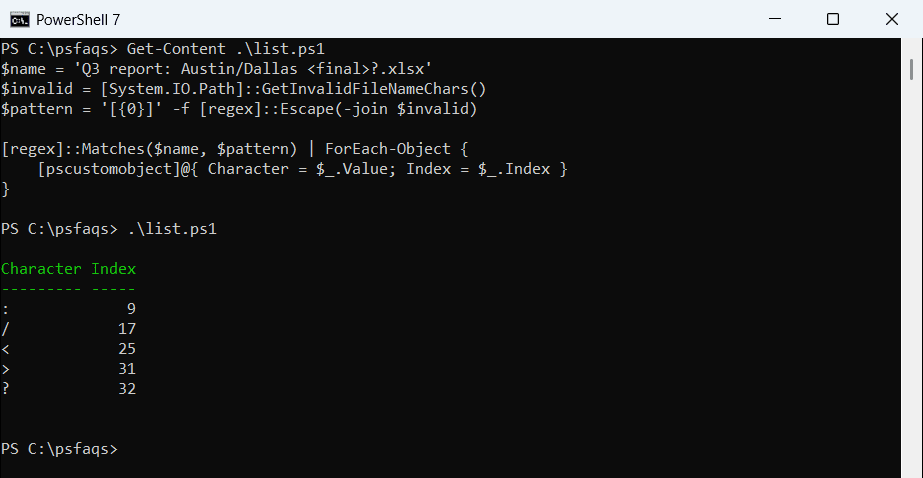 PowerShell find invalid file name characters with positions