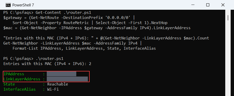 PowerShell 7 console finding the router's IP address from its MAC address with Get-NetNeighbor, values masked