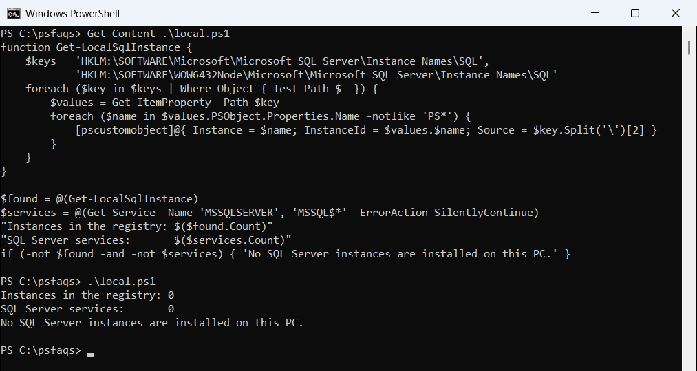 PowerShell find local SQL Server instances from the registry and services