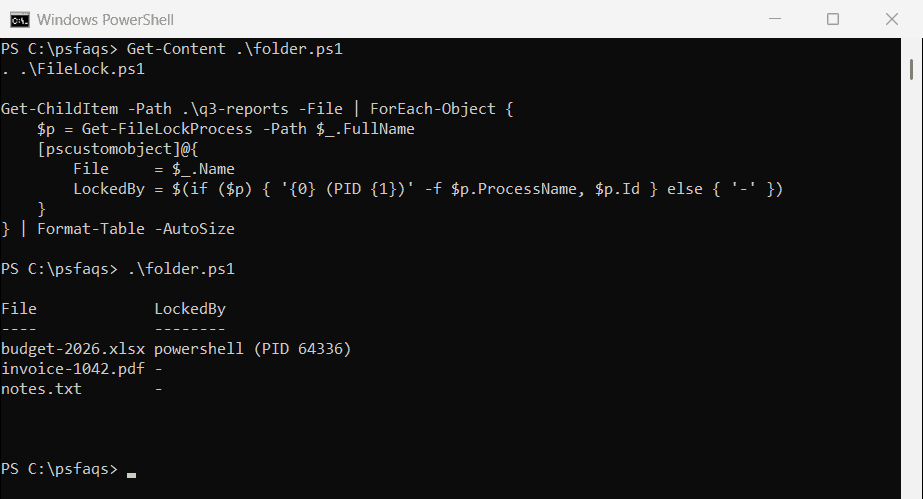 PowerShell find locked files in a folder and the process locking each