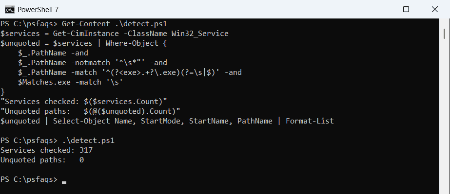 PowerShell find unquoted service paths with Get-CimInstance Win32_Service