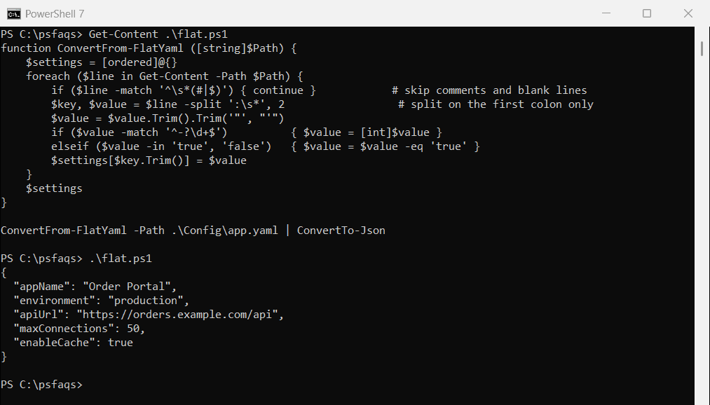 PowerShell convert flat YAML to JSON without a module