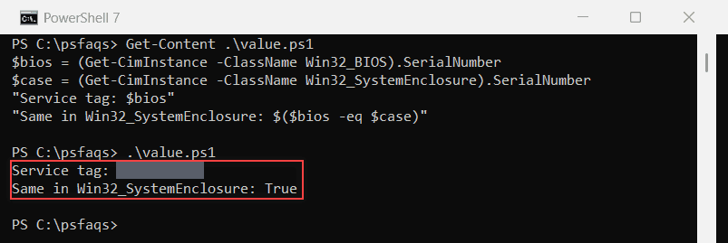Get-CimInstance Win32_BIOS returning the service tag value in PowerShell 7