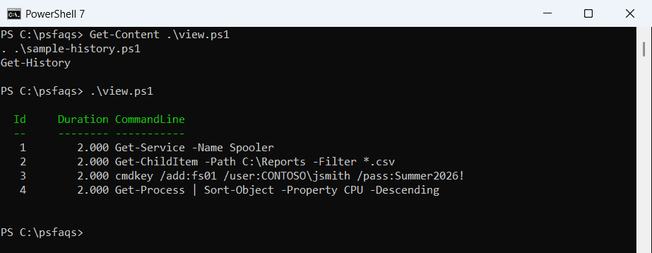 PowerShell Get-History showing session commands