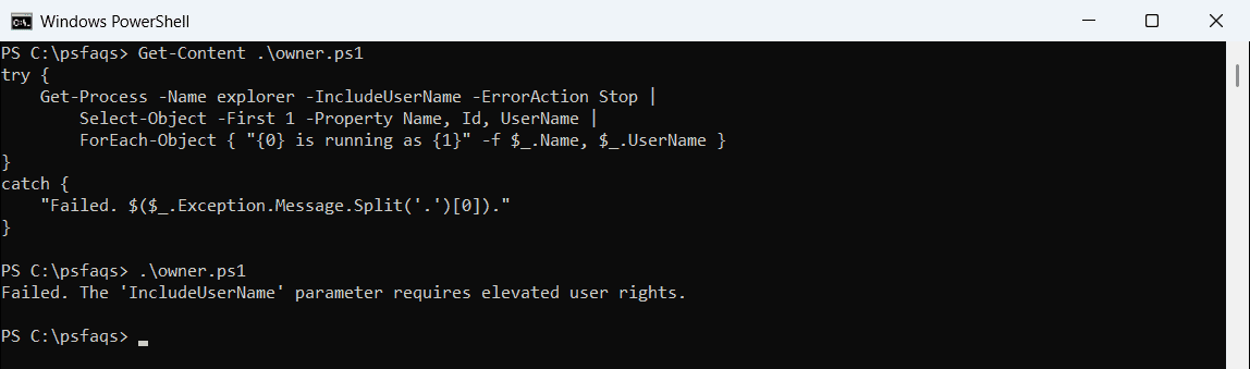 PowerShell Get-Process IncludeUserName requires elevated user rights in 5.1