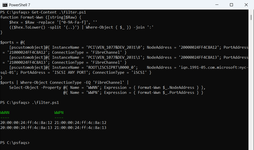 PowerShell get WWNN and WWPN for Fibre Channel ports