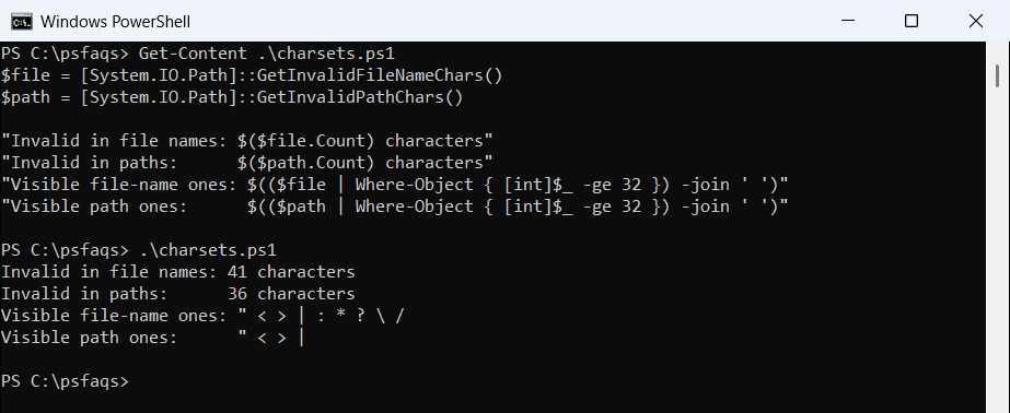 PowerShell GetInvalidPathChars in Windows PowerShell 5.1
