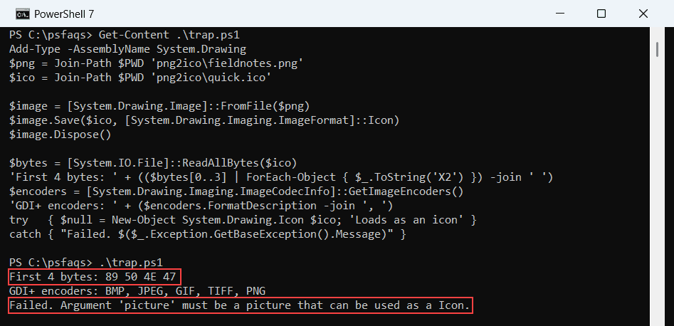 PowerShell 7 console showing Image.Save with ImageFormat.Icon writes PNG bytes 89 50 4E 47 and the Icon class rejects the file