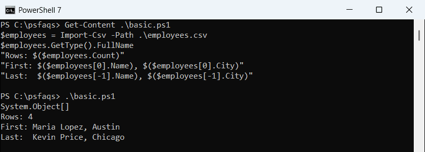 PowerShell Import-Csv reads a CSV file into an Object array with four rows