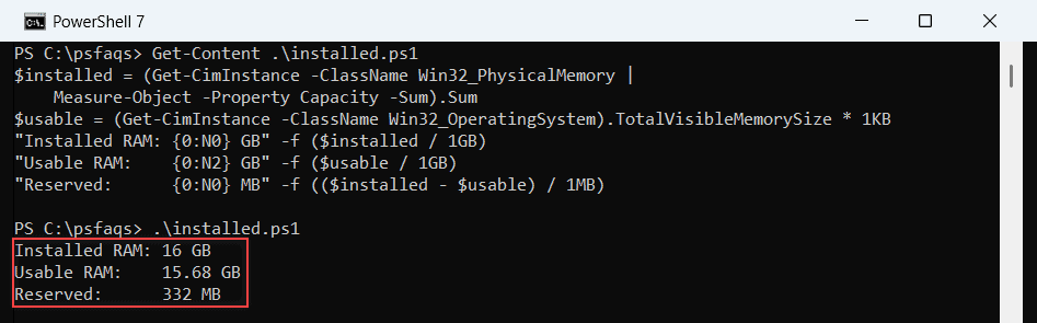 PowerShell 7 console comparing 16 GB installed RAM with 15.68 GB usable RAM and 332 MB reserved