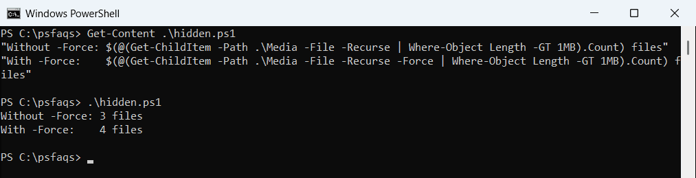 PowerShell find large hidden files with -Force
