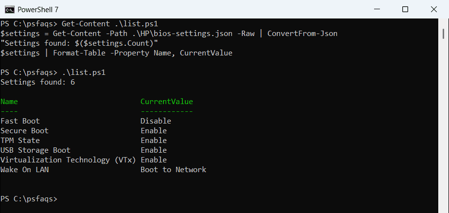 PowerShell list HP BIOS settings and current values from a JSON export