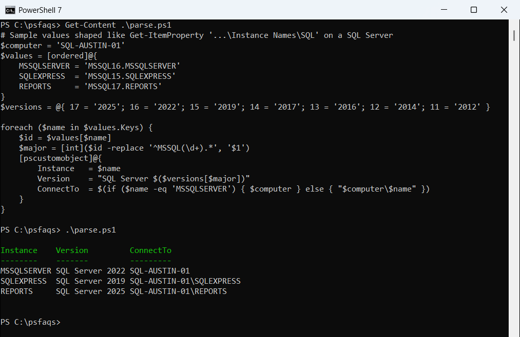 PowerShell list SQL Server instances with version and connection name