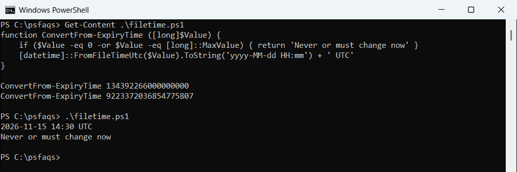 PowerShell convert msDS-UserPasswordExpiryTimeComputed FILETIME