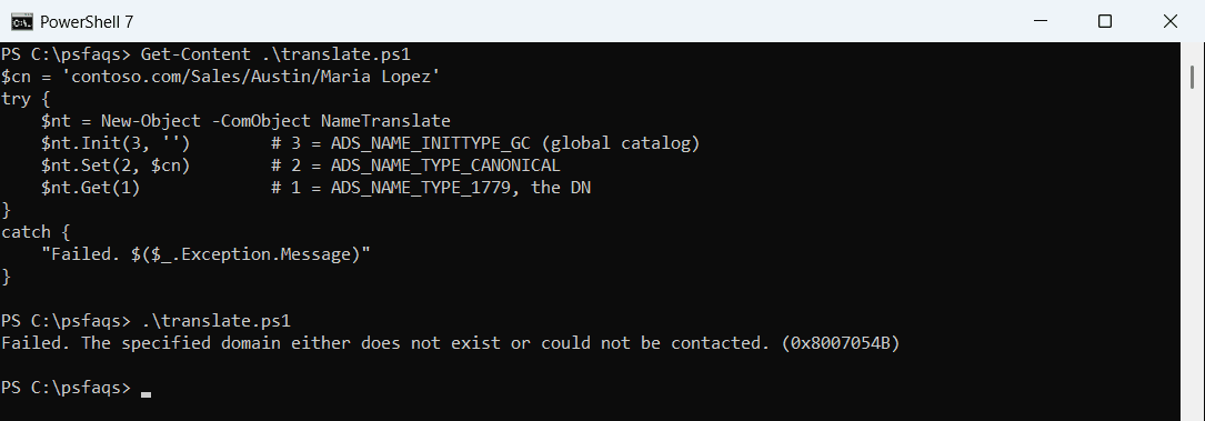 PowerShell NameTranslate canonical name to DN error off domain