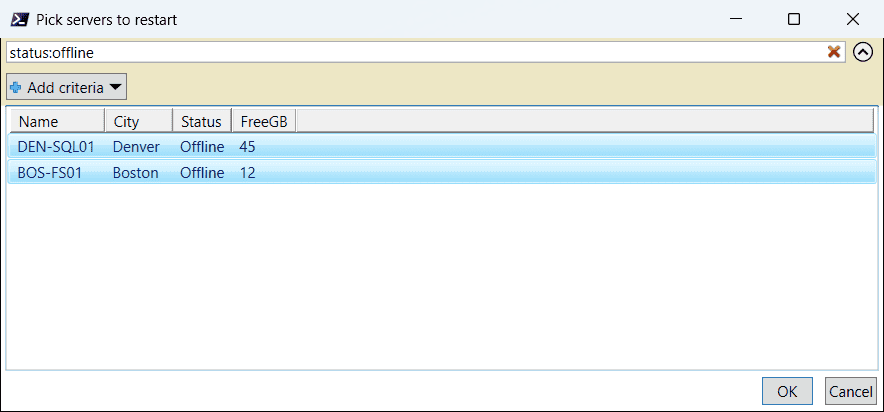 PowerShell Out-GridView PassThru window filtered to offline servers