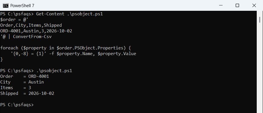 PowerShell PSObject.Properties name and value