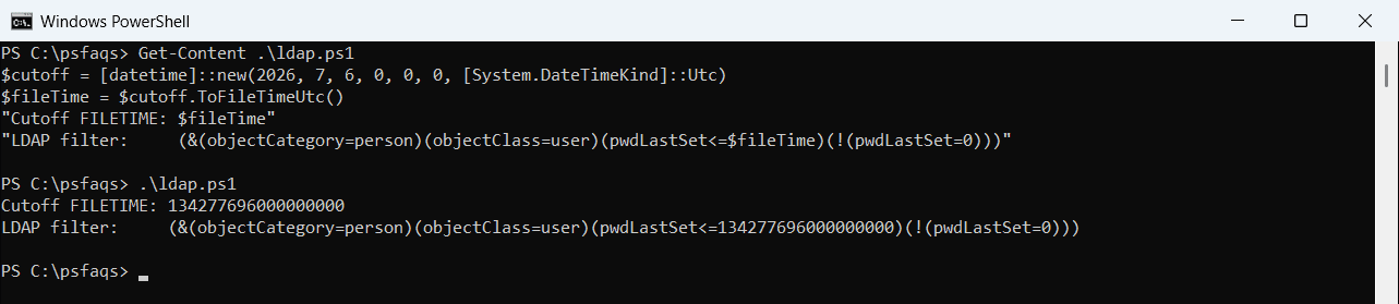 PowerShell pwdLastSet LDAP filter with FILETIME