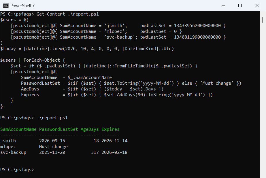 PowerShell pwdLastSet password age and expiry report