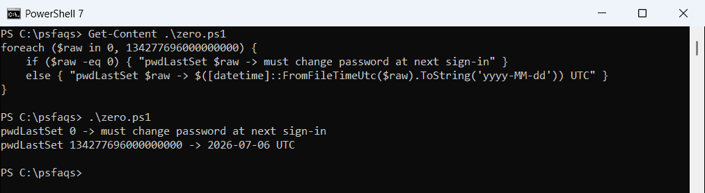PowerShell pwdLastSet 0 must change at next sign-in