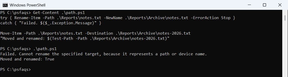 PowerShell Rename-Item path error and Move-Item