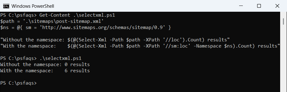 PowerShell Select-Xml sitemap namespace returns zero results without prefix