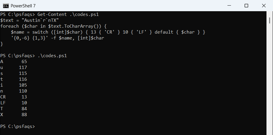 PowerShell show carriage return character codes