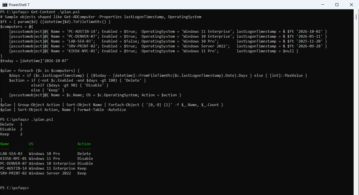 PowerShell stale computer cleanup plan disable delete keep