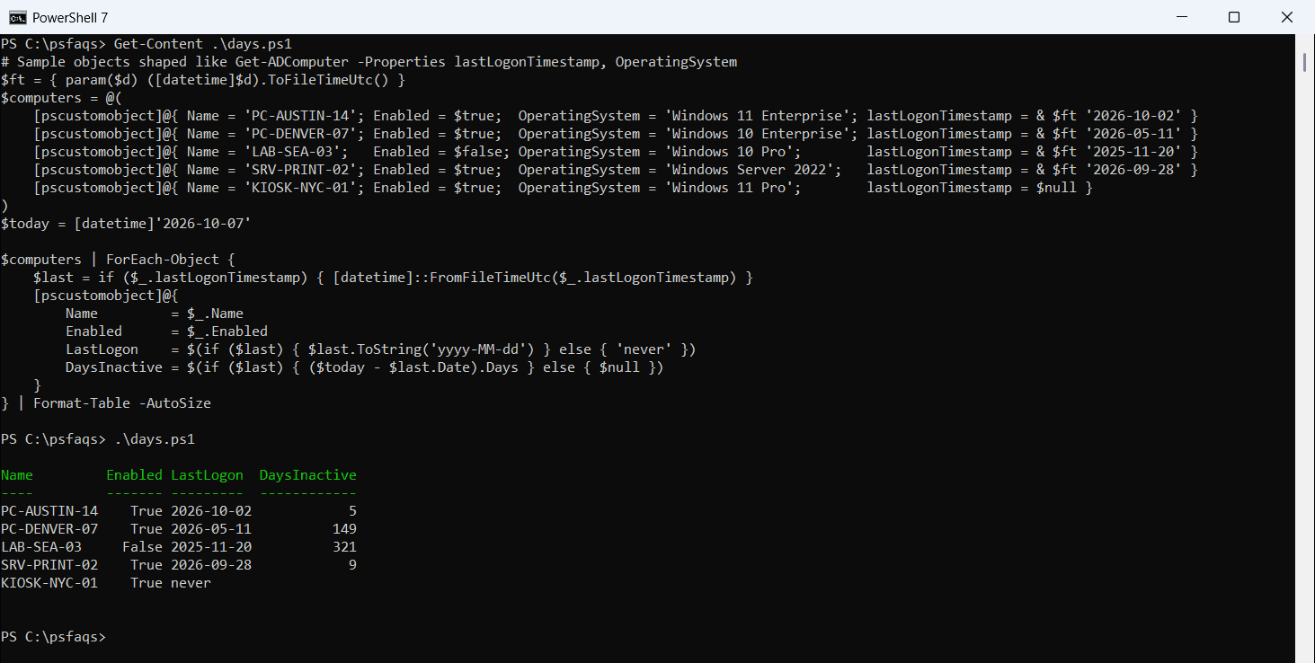 PowerShell stale computers days inactive from lastLogonTimestamp
