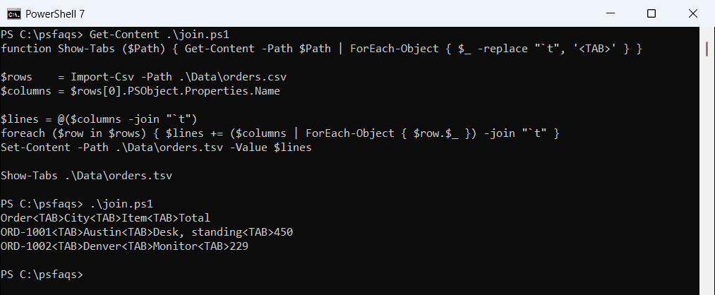 PowerShell tab-delimited file without quotes