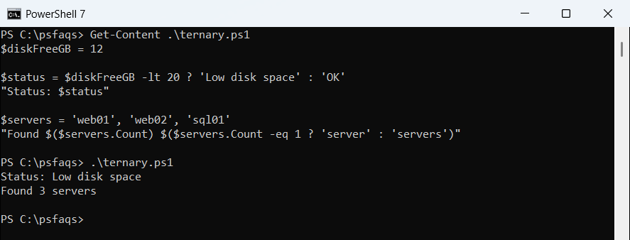 PowerShell ternary operator returning a disk status and a plural word in PowerShell 7