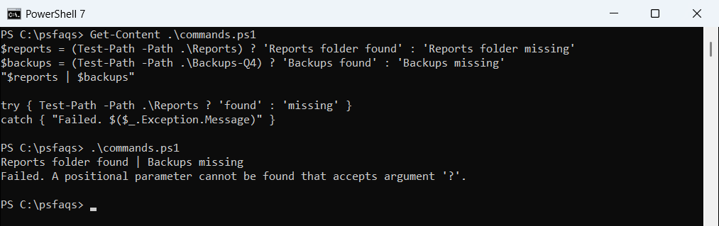 PowerShell ternary operator with Test-Path in parentheses and the positional parameter error without them