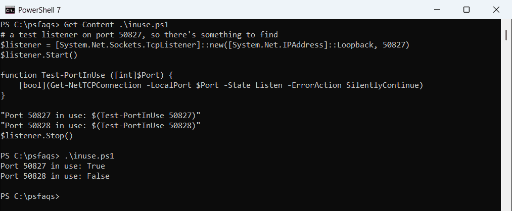 PowerShell test if a port is in use function
