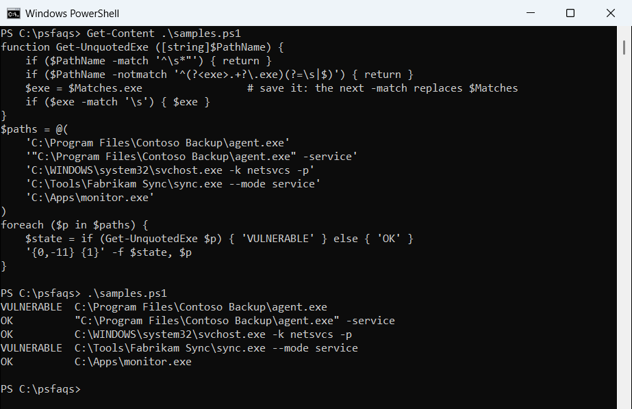 PowerShell unquoted service path regex tested on sample paths