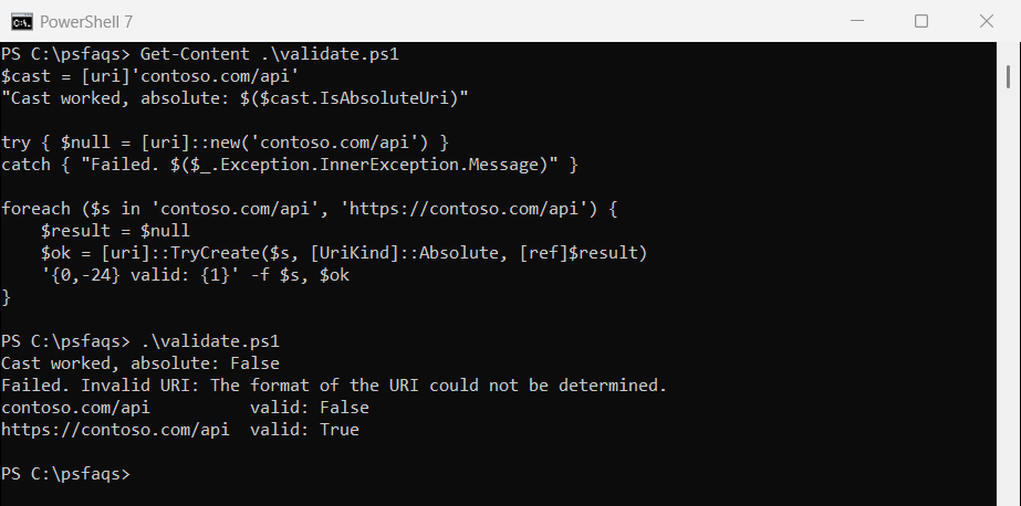 PowerShell [uri] cast vs TryCreate validating a URL string