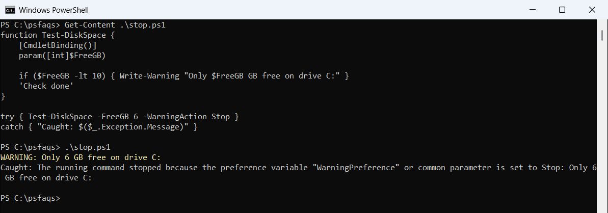 PowerShell -WarningAction Stop caught in try catch