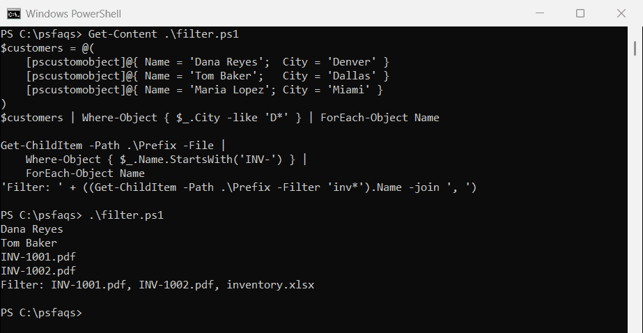 Windows PowerShell 5.1 Where-Object filters customers and files that start with a prefix