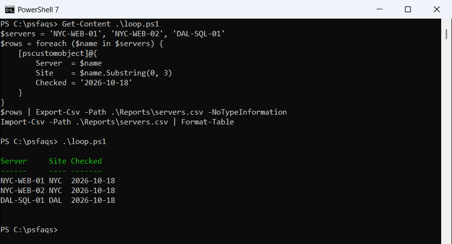 PowerShell write variables to CSV in a loop
