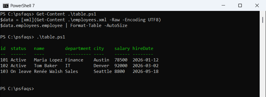 PowerShell XML file shown as a table with Format-Table