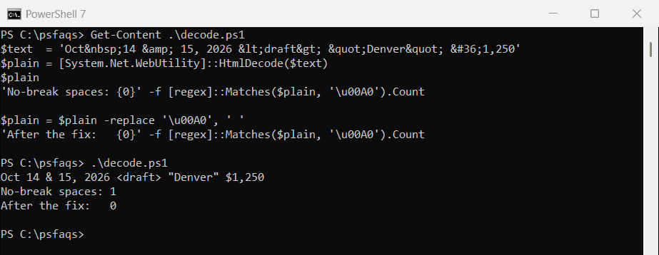 PowerShell WebUtility HtmlDecode with a no-break space